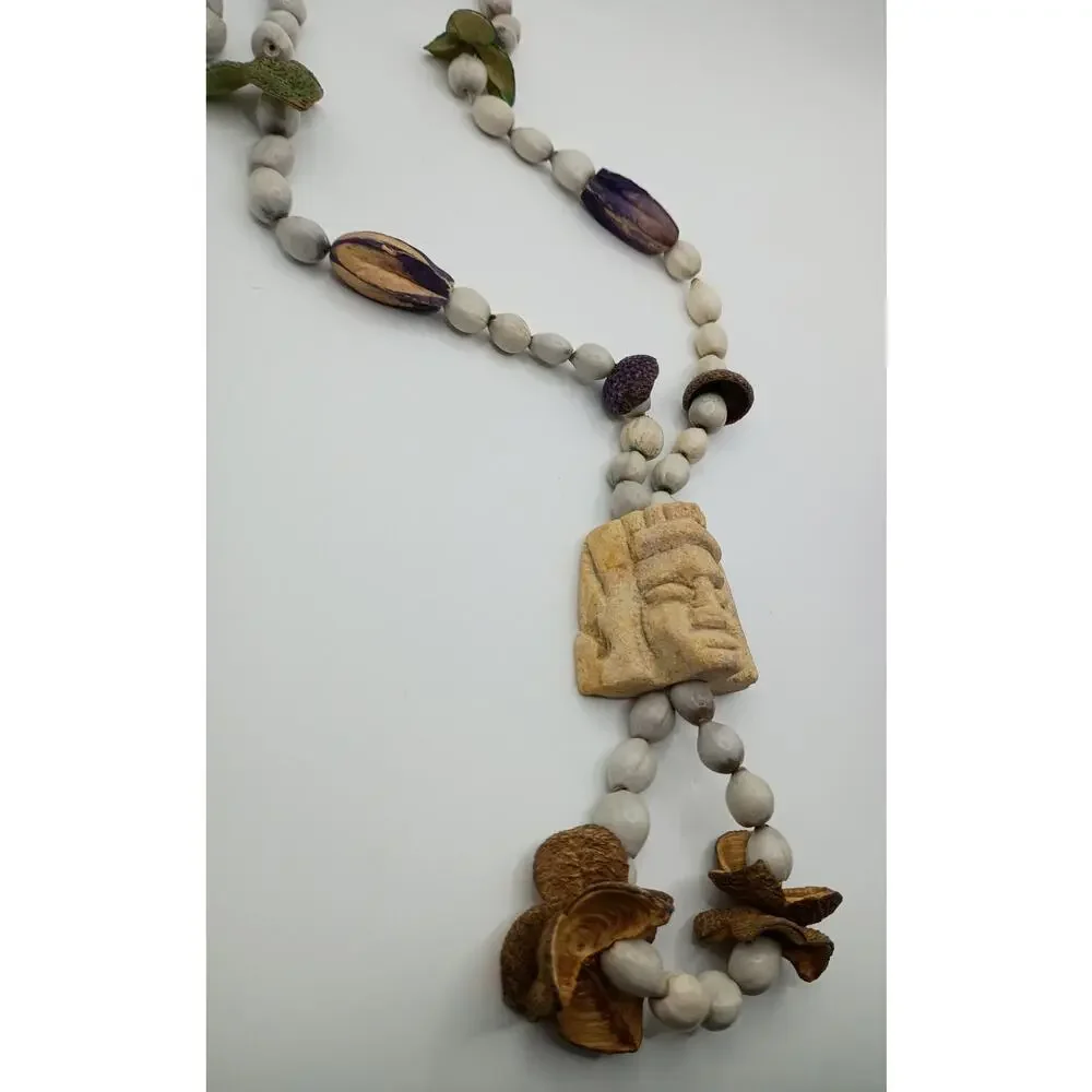 Vintage Mayan Carved Stone & Seed Pod Necklace